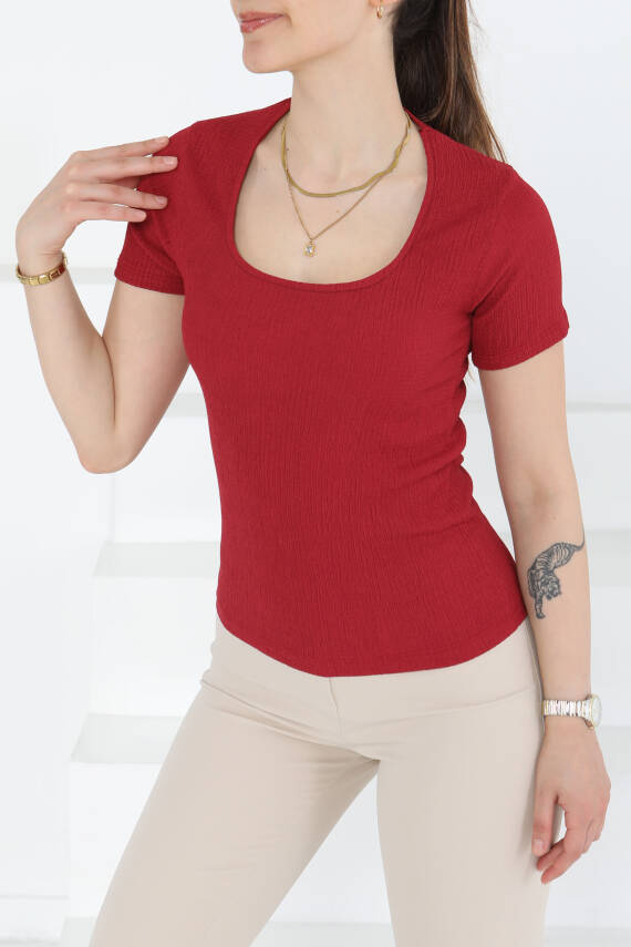 Kısa Kollu Bluz Bordo - 27235 - 2