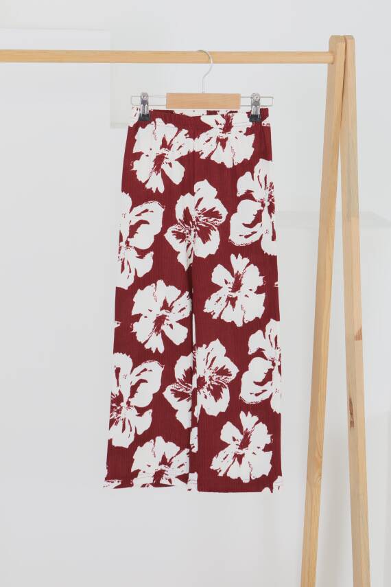 Kız Çocuk Bordo Desenli Pantolon - 27305 - 1
