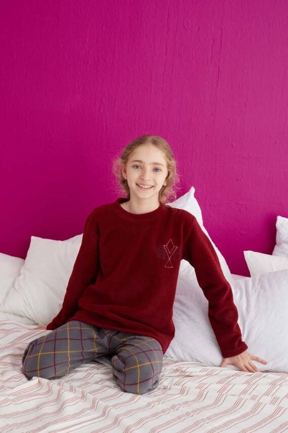 Kız Çocuk Bordo Pijama Takımı - 23932 - 3