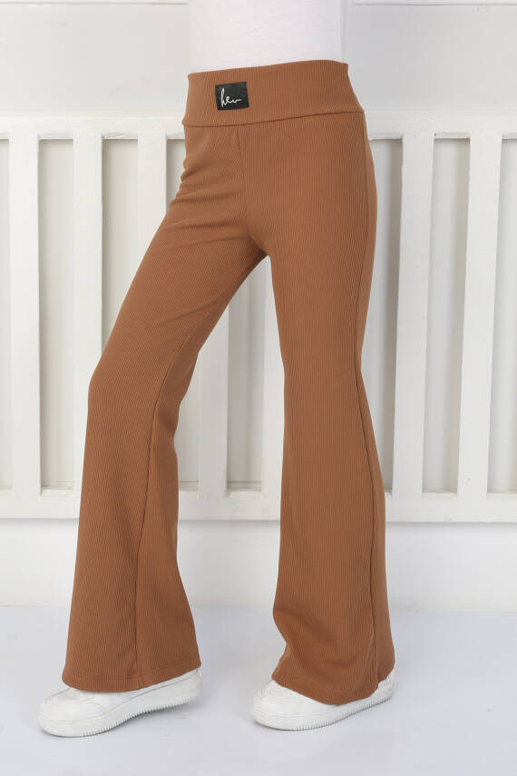 Kız Çocuk Kahve Şardonlu İspanyol Paça Pantolon - 26467 - 3