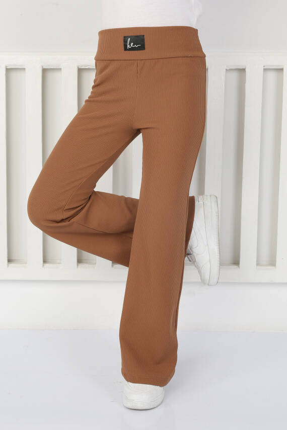 Kız Çocuk Kahve Şardonlu İspanyol Paça Pantolon - 26467 - 4