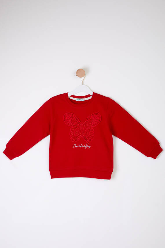 Kız Çocuk Kirmizi Kelebek Nakışlı Sweatshirt - 26106 - 1