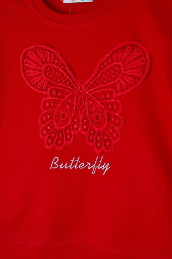 Kız Çocuk Kirmizi Kelebek Nakışlı Sweatshirt - 26106 - 2