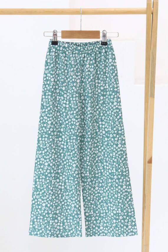 Kız Çocuk Mint Çiçek Desenli Pantolon - 27307 - 1