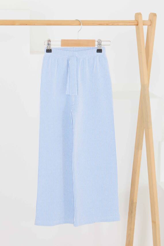 Kız Çocuk Saks Çizgili Beli Lastikli Pantolon - 27448 - 1