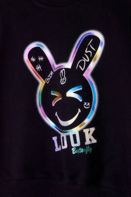 Kız Çocuk Siyah Gülen Yüz Sweatshirt - 26107 - 2