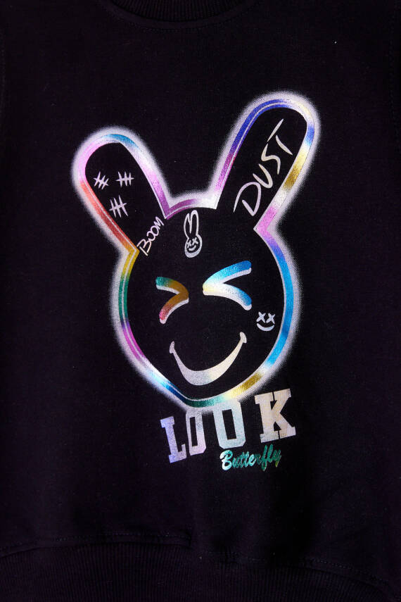 Kız Çocuk Siyah Gülen Yüz Sweatshirt - 26107 - 2