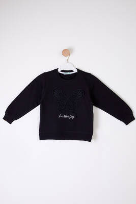 Kız Çocuk Siyah Kelebek Nakışlı Sweatshirt - 26106 - 1