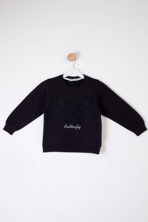 Kız Çocuk Siyah Kelebek Nakışlı Sweatshirt - 26106 - 1