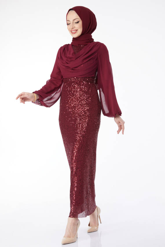 Kolları Şifon Payetli Abiye Elbise Bordo - 24597 - 1