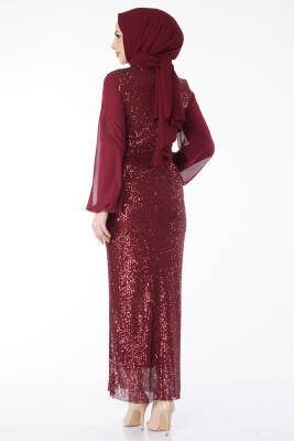 Kolları Şifon Payetli Abiye Elbise Bordo - 24597 - 6