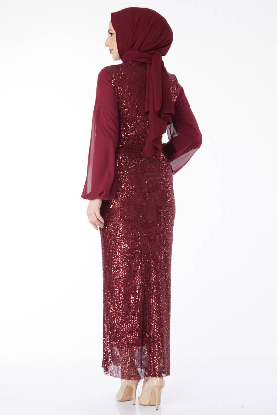 Kolları Şifon Payetli Abiye Elbise Bordo - 24597 - 6