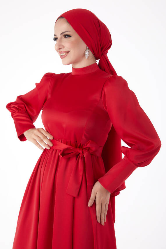 Kuşaklı Abiye Elbise Kirmizi - 26145 - 3