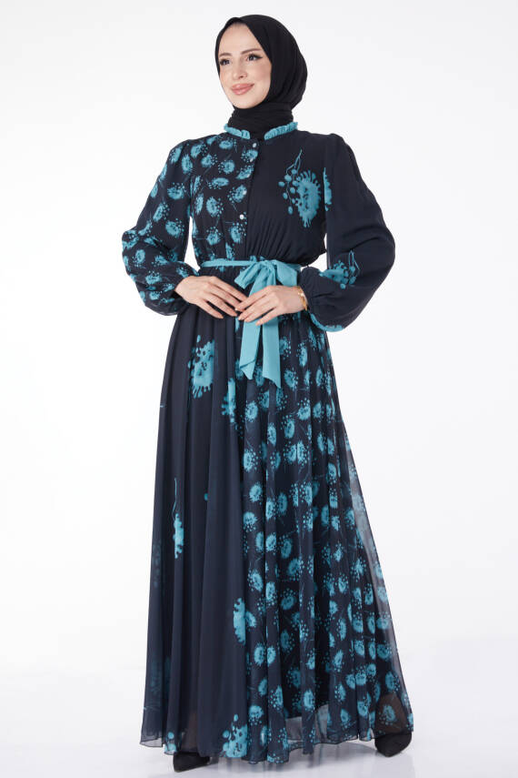 Kuşaklı Abiye Elbise Lacivert Mint - 25204 - 1