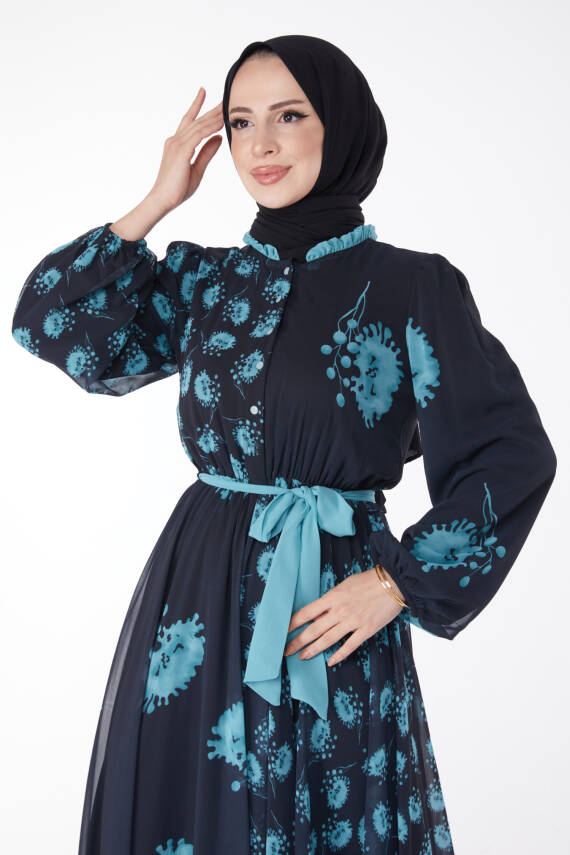Kuşaklı Abiye Elbise Lacivert Mint - 25204 - 3
