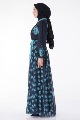 Kuşaklı Abiye Elbise Lacivert Mint - 25204 - 4