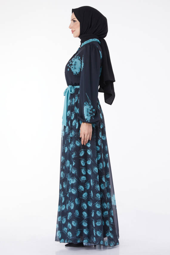 Kuşaklı Abiye Elbise Lacivert Mint - 25204 - 4