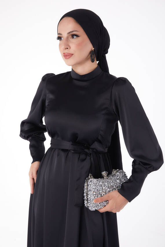 Kuşaklı Abiye Elbise Siyah - 26145 - 2
