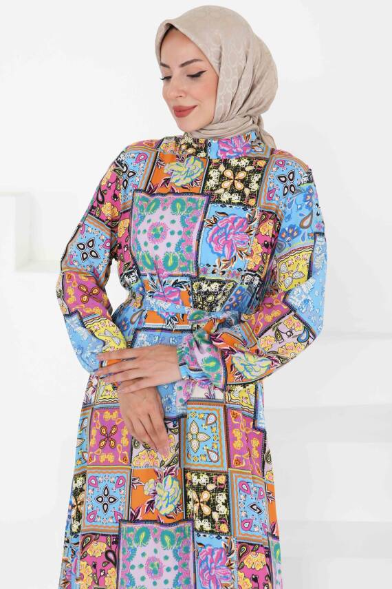 Kuşaklı Desenli Elbise Bebe Mavi - 27422 - 2