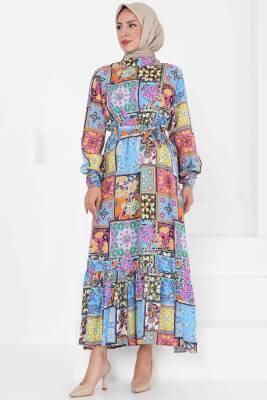 Kuşaklı Desenli Elbise Bebe Mavi - 27422 - 3