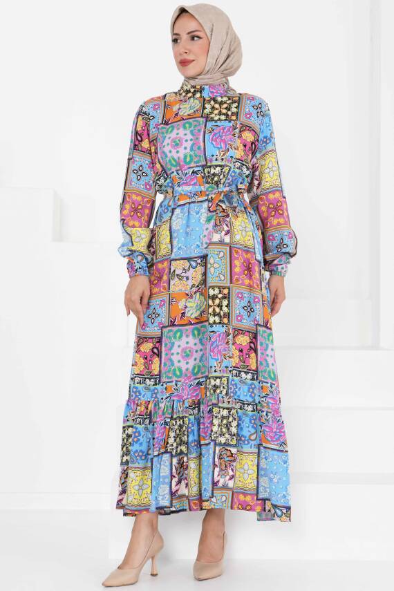 Kuşaklı Desenli Elbise Bebe Mavi - 27422 - 3