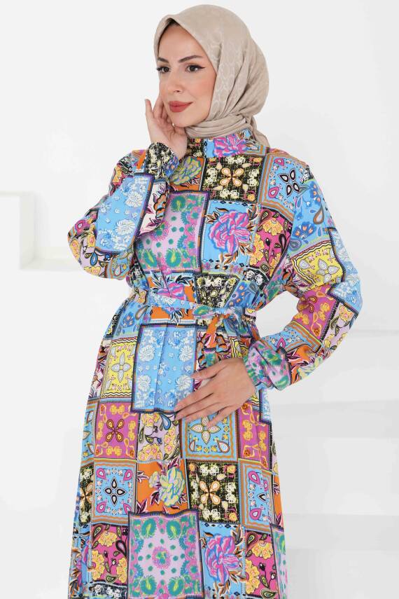 Kuşaklı Desenli Elbise Bebe Mavi - 27422 - 4