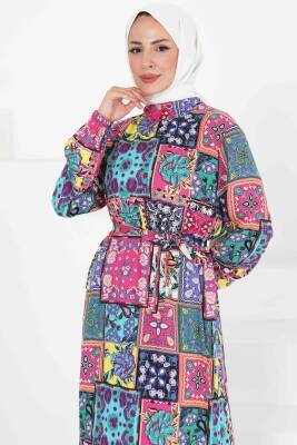 Kuşaklı Desenli Elbise Fusya - 27422 - 2