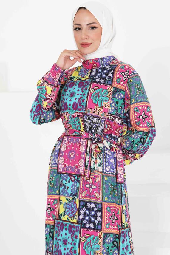 Kuşaklı Desenli Elbise Fusya - 27422 - 2