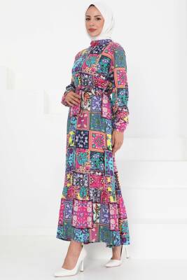 Kuşaklı Desenli Elbise Fusya - 27422 - 3