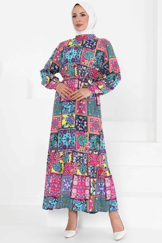 Kuşaklı Desenli Elbise Fusya - 27422 - 4