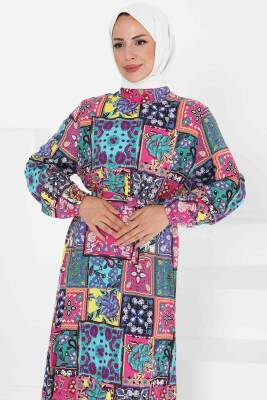 Kuşaklı Desenli Elbise Fusya - 27422 - 5