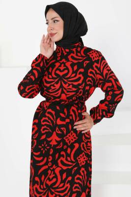 Kuşaklı Desenli Elbise Kirmizi - 27394 
