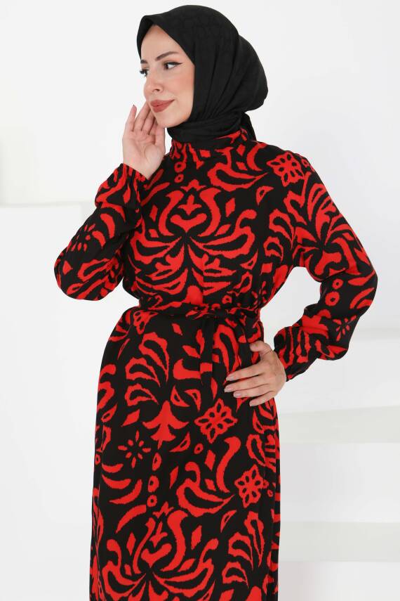Kuşaklı Desenli Elbise Kirmizi - 27394 - 1