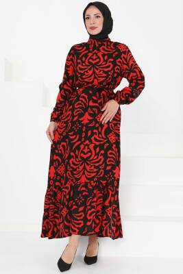 Kuşaklı Desenli Elbise Kirmizi - 27394 - 2