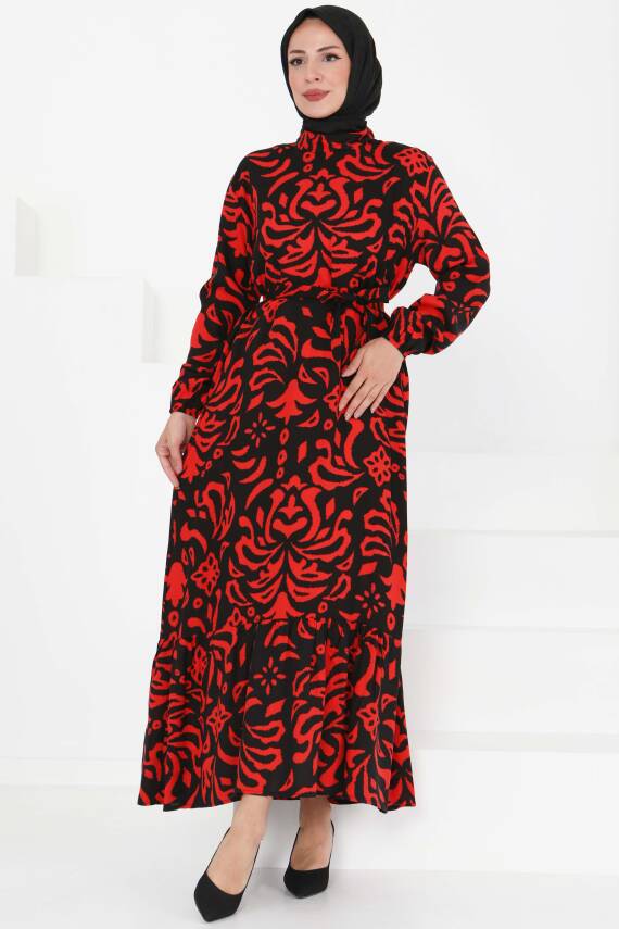 Kuşaklı Desenli Elbise Kirmizi - 27394 - 2