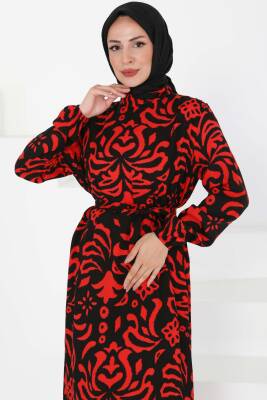Kuşaklı Desenli Elbise Kirmizi - 27394 - 3