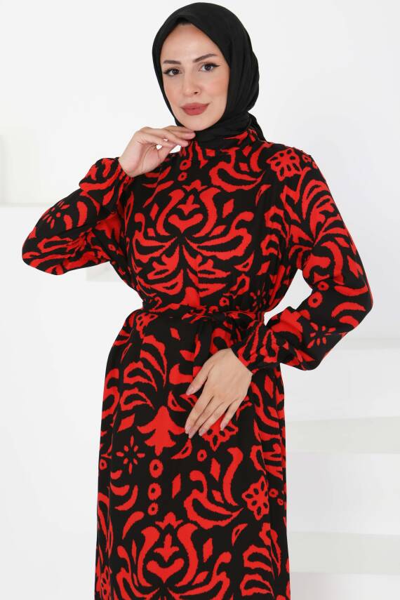 Kuşaklı Desenli Elbise Kirmizi - 27394 - 3