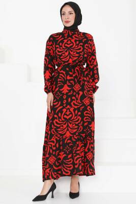 Kuşaklı Desenli Elbise Kirmizi - 27394 - 4