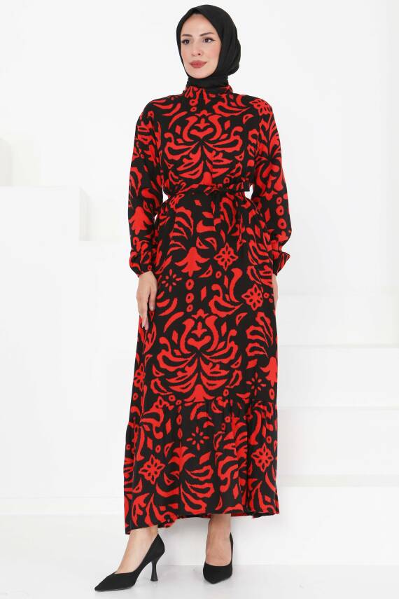 Kuşaklı Desenli Elbise Kirmizi - 27394 - 4