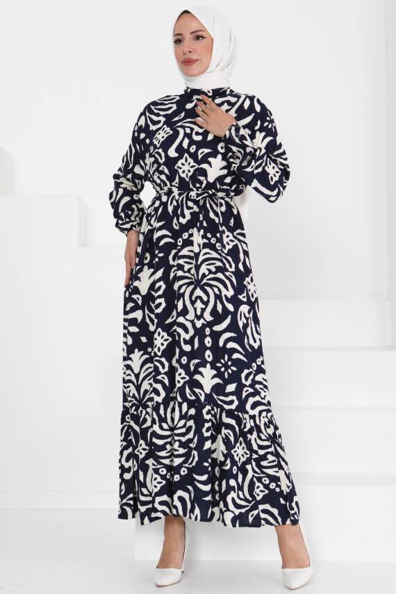 Kuşaklı Desenli Elbise Lacivert - 27394 - 1