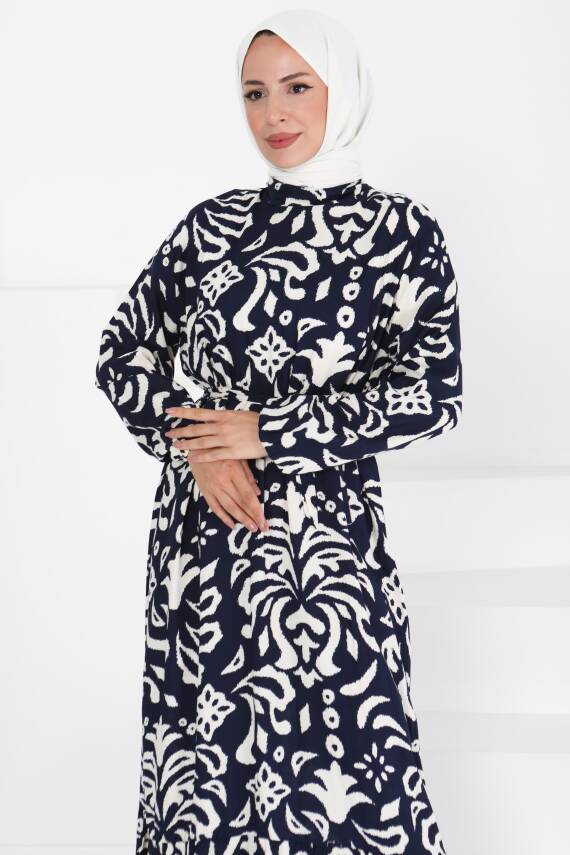 Kuşaklı Desenli Elbise Lacivert - 27394 - 4