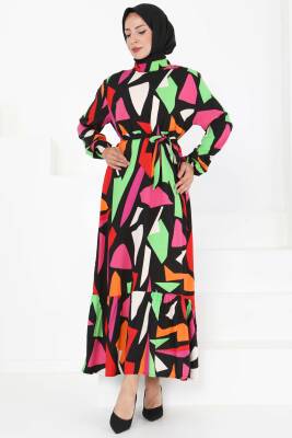 Kuşaklı Desenli Elbise Pembe - 27395 - 1