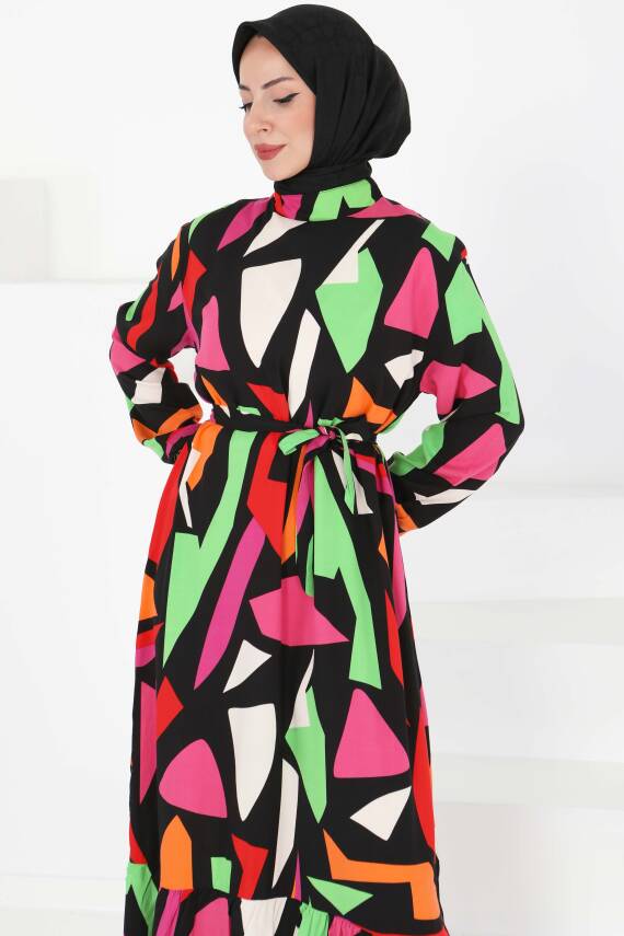 Kuşaklı Desenli Elbise Pembe - 27395 - 2
