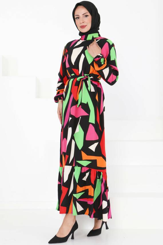Kuşaklı Desenli Elbise Pembe - 27395 - 3