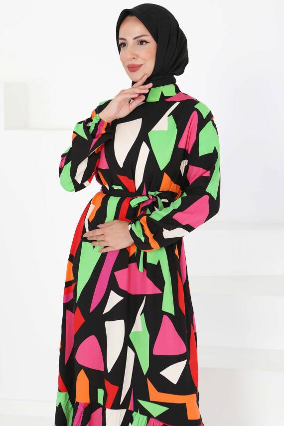 Kuşaklı Desenli Elbise Pembe - 27395 - 4