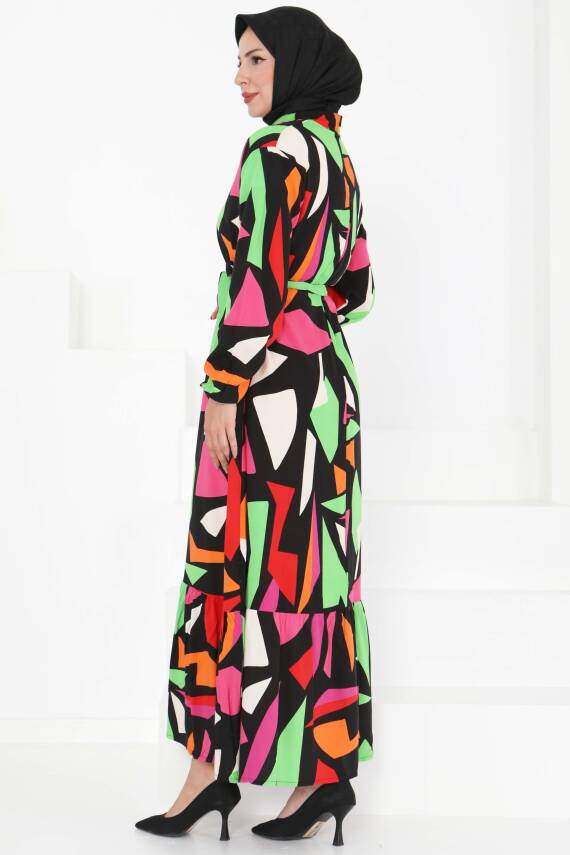 Kuşaklı Desenli Elbise Pembe - 27395 - 5