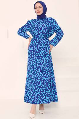 Kuşaklı Desenli Elbise Saks - 27042 
