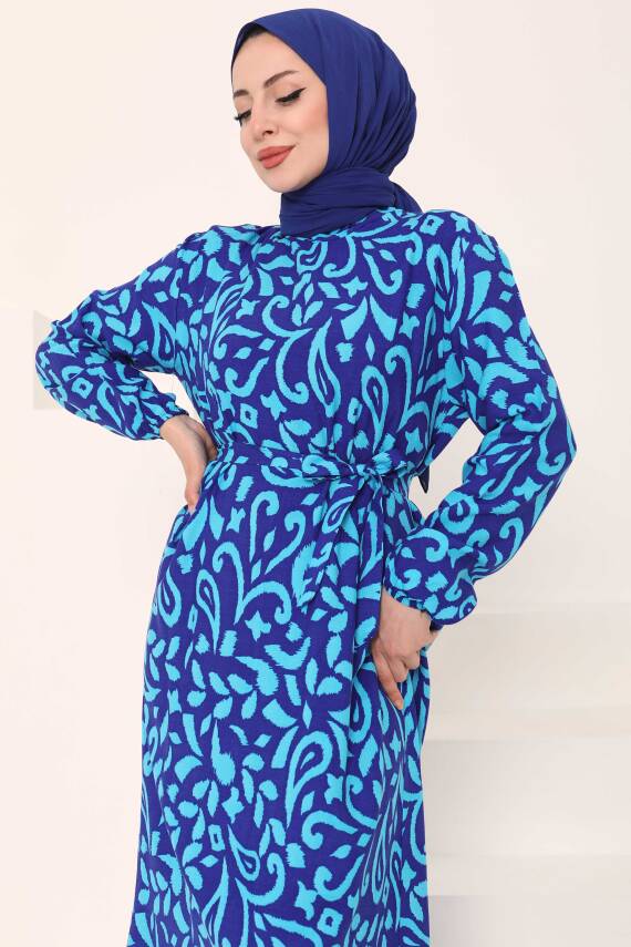 Kuşaklı Desenli Elbise Saks - 27042 - 2