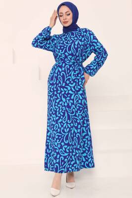 Kuşaklı Desenli Elbise Saks - 27042 - 3