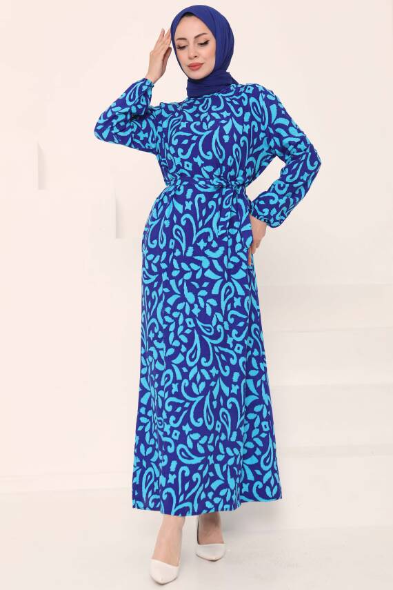 Kuşaklı Desenli Elbise Saks - 27042 - 3